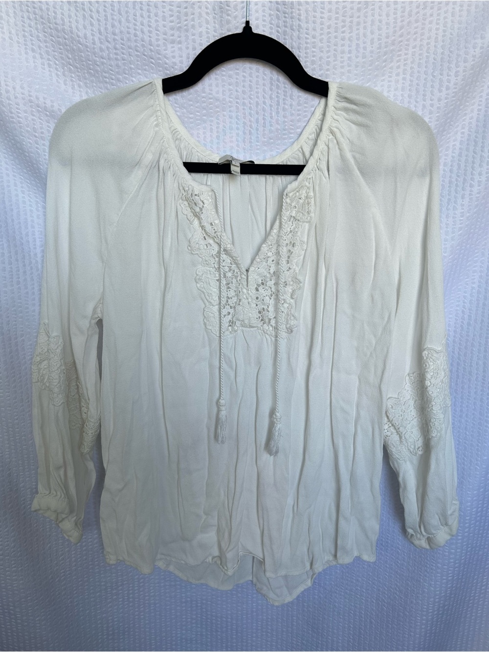 Joie White Crochet Lace Boho Peasant Blouse with Tassel Tie Size Large